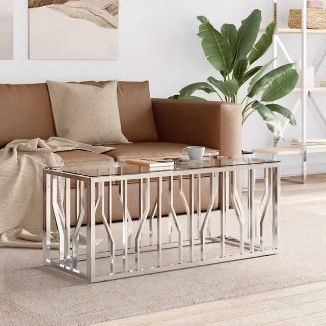Tavolino da salotto rettangolare moderno vidaXL in vetro trasparente e metallo argento L 110 x P 45 x H 45 cm