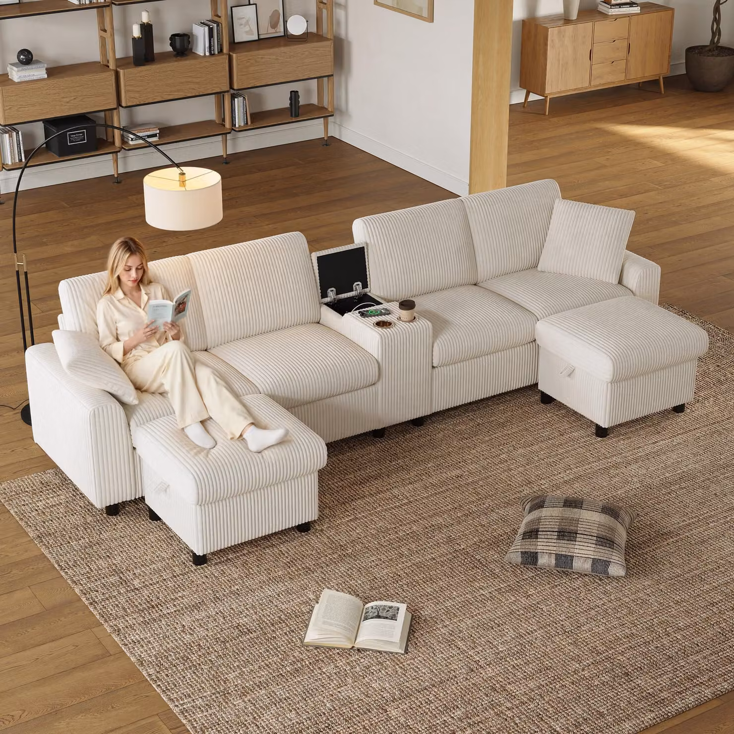 Divano angolare a U Merax con 2 sgabelli, USB, Type-C, tavolino e portabicchieri, 2 cuscini, divano a 4 posti con base letto, divano, tessuto a coste, beige