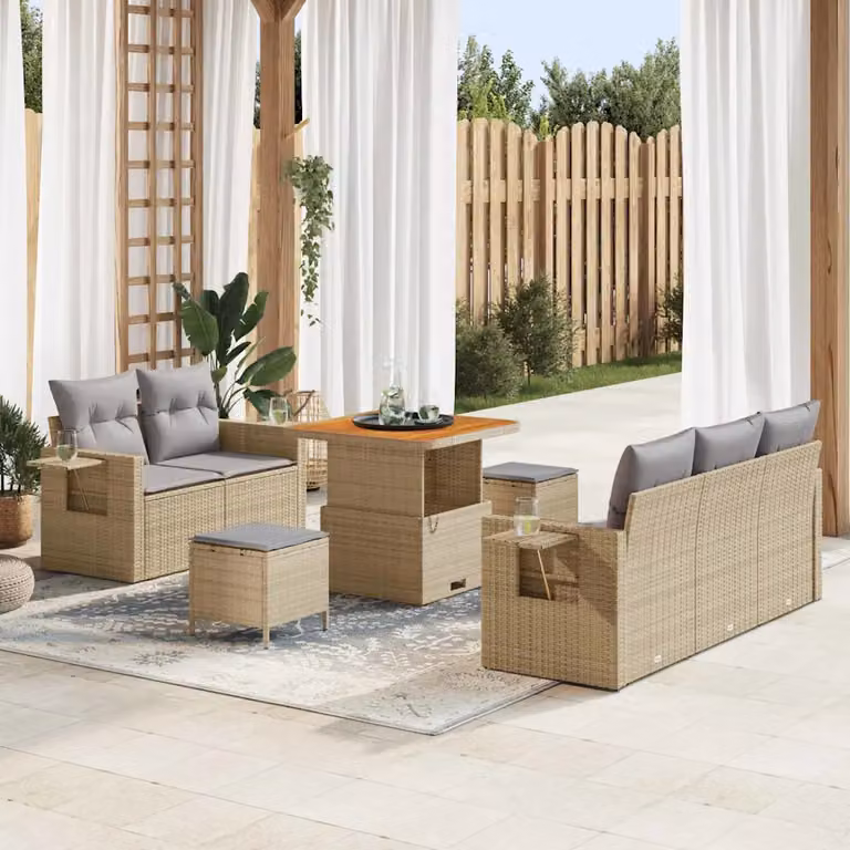 Set Divano da Giardino vidaXL 10 Pezzi in Polyrattan Beige e Grigio con Cuscini e Tavolino