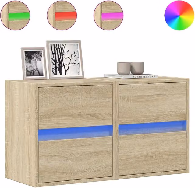 Set di 2 Mobili TV a Parete con Luci LED in Rovere Sonoma, Design Moderno, L 41 cm x P 31 cm x H 45 cm