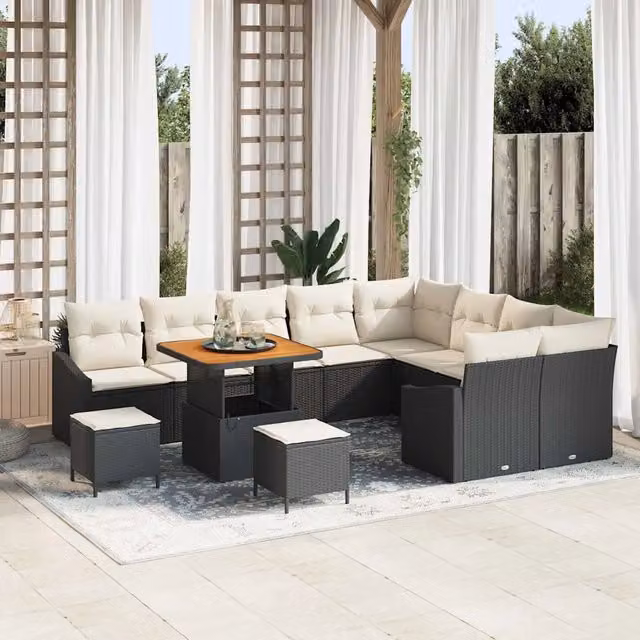 Set Divano da Giardino 12 Pezzi vidaXL in Polyrattan Nero con Cuscini e Tavolino da Caffè