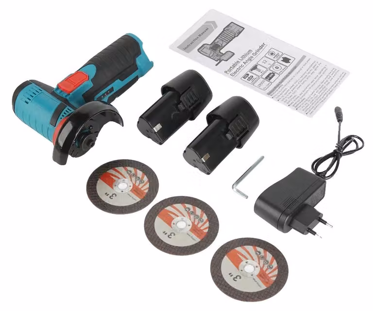 Smerigliatrice angolare, funzionamento a batteria, design sicuro, blu