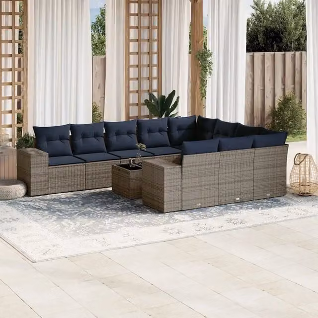 Set di divani da giardino a L vidaXL in polyrattan grigio con 11 pezzi e cuscini inclusi – 1