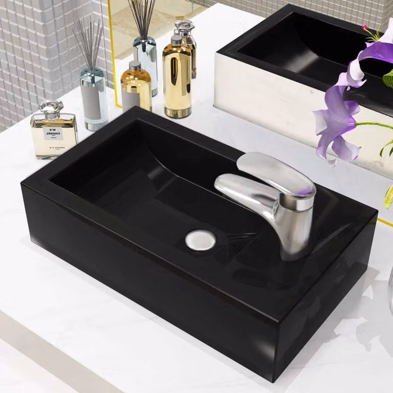 The Living Store Lavabo rettangolare + foro per rubinetto in Vetroceramica nera 46x25,5x12 cm