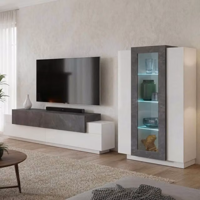 Isaia, Parete Attrezzata Modulabile Made in Italy, 45x280x120h cm Bianco Cemento