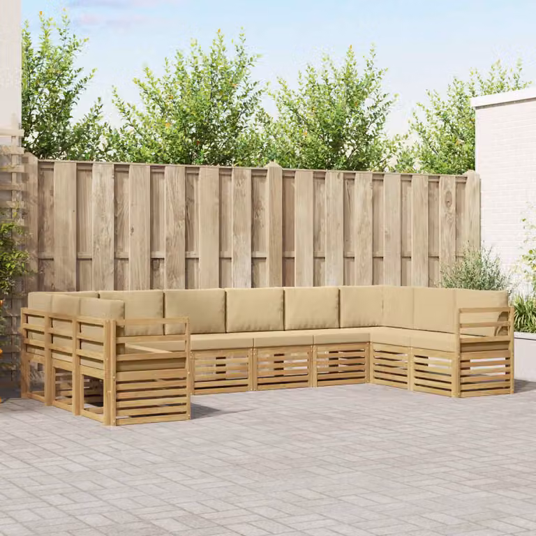 vidaXL Set di divani da esterno a L composto da 10 pezzi in legno di acacia con cuscini bianchi e beige