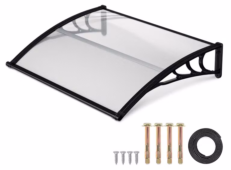 Tenda da esterno Ikodm per porta, con grondaia, 150 x 100 cm, copertura per porta in policarbonato, nera/trasparente, protezione dalla pioggia per l'ingresso