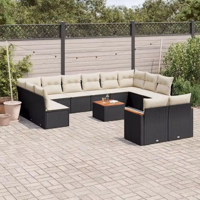 Set di Divani da Giardino vidaXL a Forma di U con Cuscini, Polyrattan e Metallo, Nero e Bianco – 1