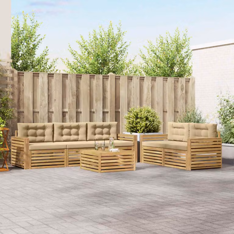 Set di divani da esterno vidaXL 6 pz in legno di acacia con tavolino e cuscini Bianco e Beige