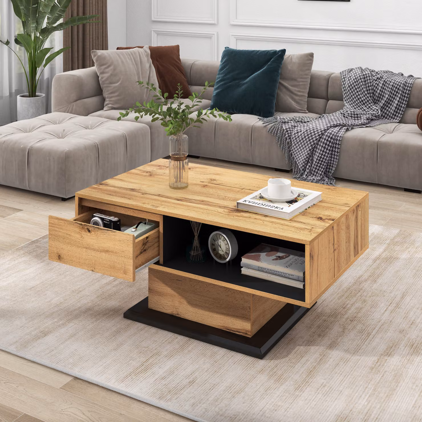 Tavolino AIORBER in legno decorato, con un cassetto senza maniglie, in truciolato, ripiano bifacciale, per ufficio, soggiorno, 100 x 47 x 60 cm, rovere