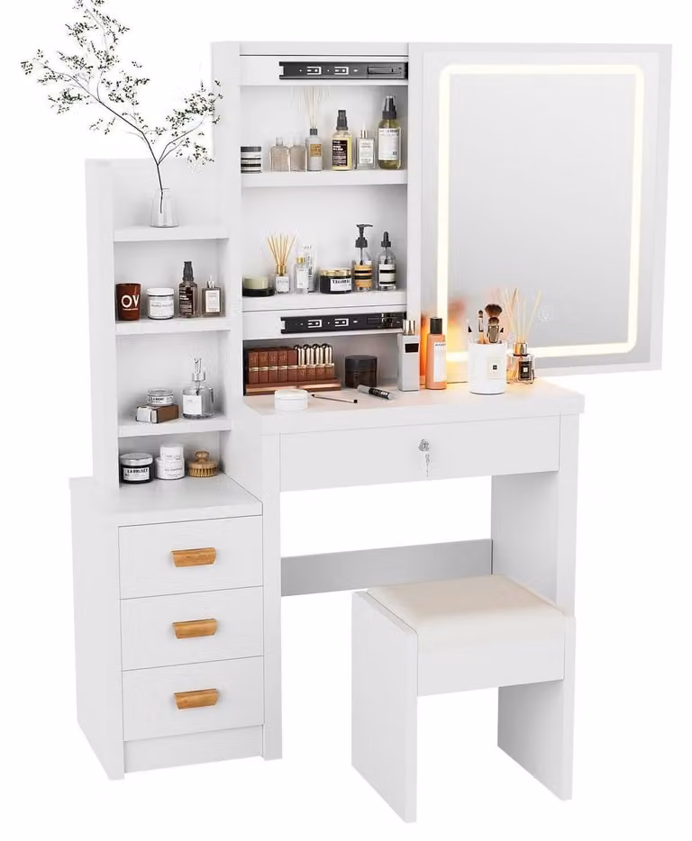 Comò da trucco con specchio e sgabello, illuminazione LED, 3 colori, 4 cassetti, bianco