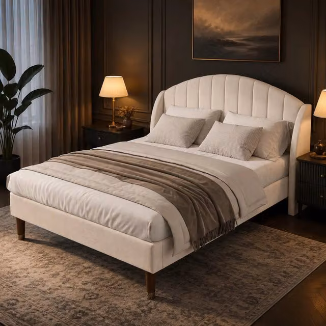 Letto imbottito 140x190 cm in velluto beige con rete a doghe e testiera