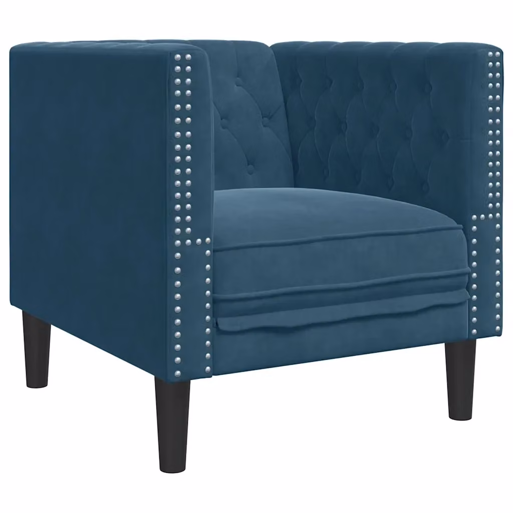 Poltrona Chesterfield blu in velluto vidaXL con struttura in legno massello – 2