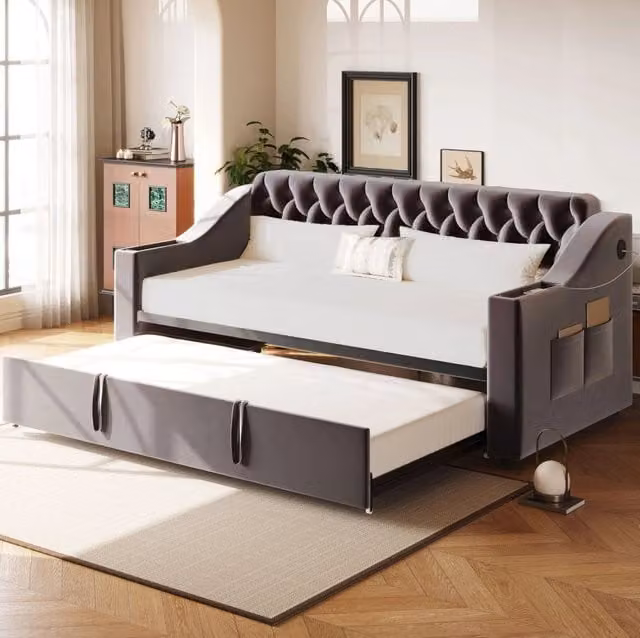 Letto imbottito 90x190 cm grigio in velluto con rete a doghe e USB