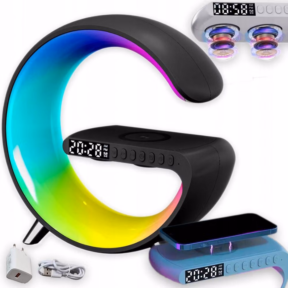 Lampada LED RGB caricatore induttivo 15W + orologio + altoparlante Bluetooth Nero