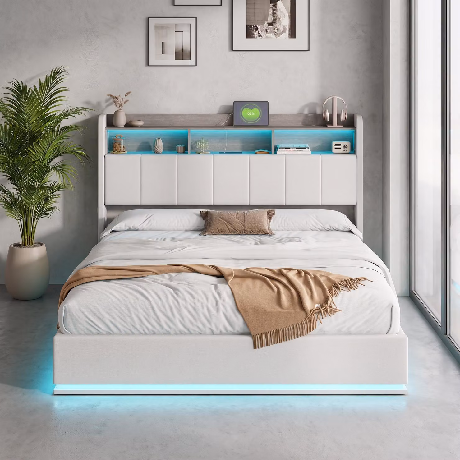 Letto imbottito INONEFT, modello idraulico, 160x200 cm, con USB e Type-C, letto matrimoniale per ragazzi con illuminazione LED, letto contenitore, modello boxspring, in velluto, color beige