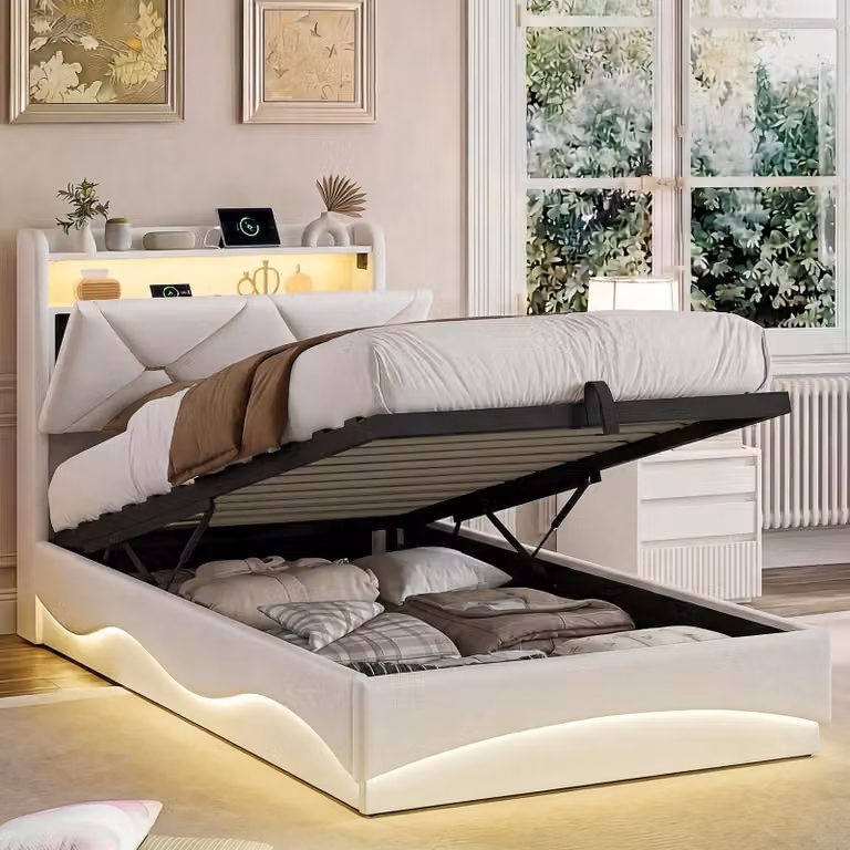 Letto imbottito 90x200 cm con spazio contenitore a sollevamento idraulico, testiera con vano portaoggetti, illuminazione LED, 2 porte USB e una porta Type-C, rete a doghe, colore bianco, senza materasso