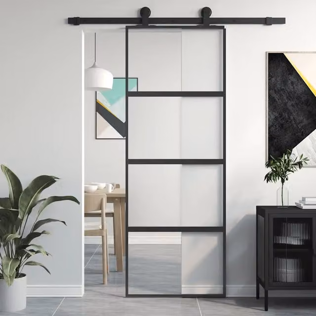 Porta Scorrevole vidaXL in Vetro Trasparente e Alluminio Nero L: 76 cm, H: 205 cm