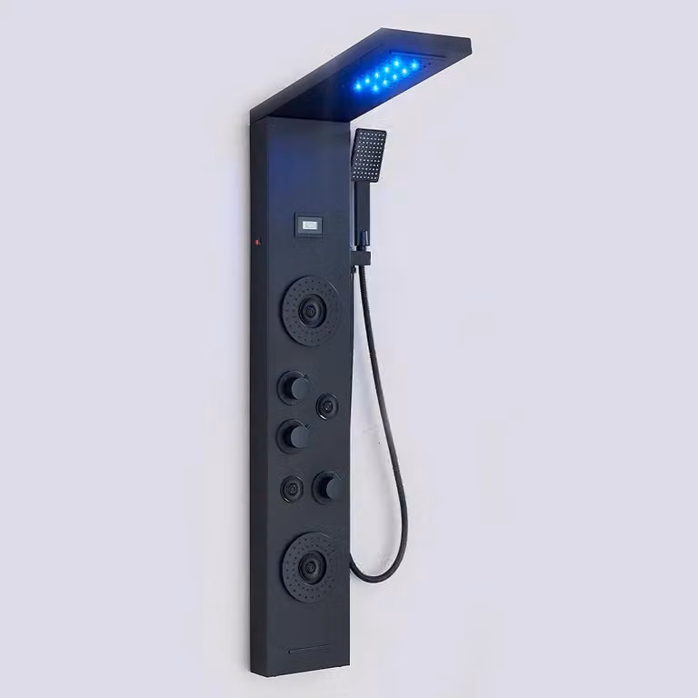 Pannello doccia LED - Sistema doccia a pioggia - Ugelli massaggio tipo SPA - Montaggio a parete - Acciaio inossidabile 304 - Miscelatore per acqua calda e fredda - Nero