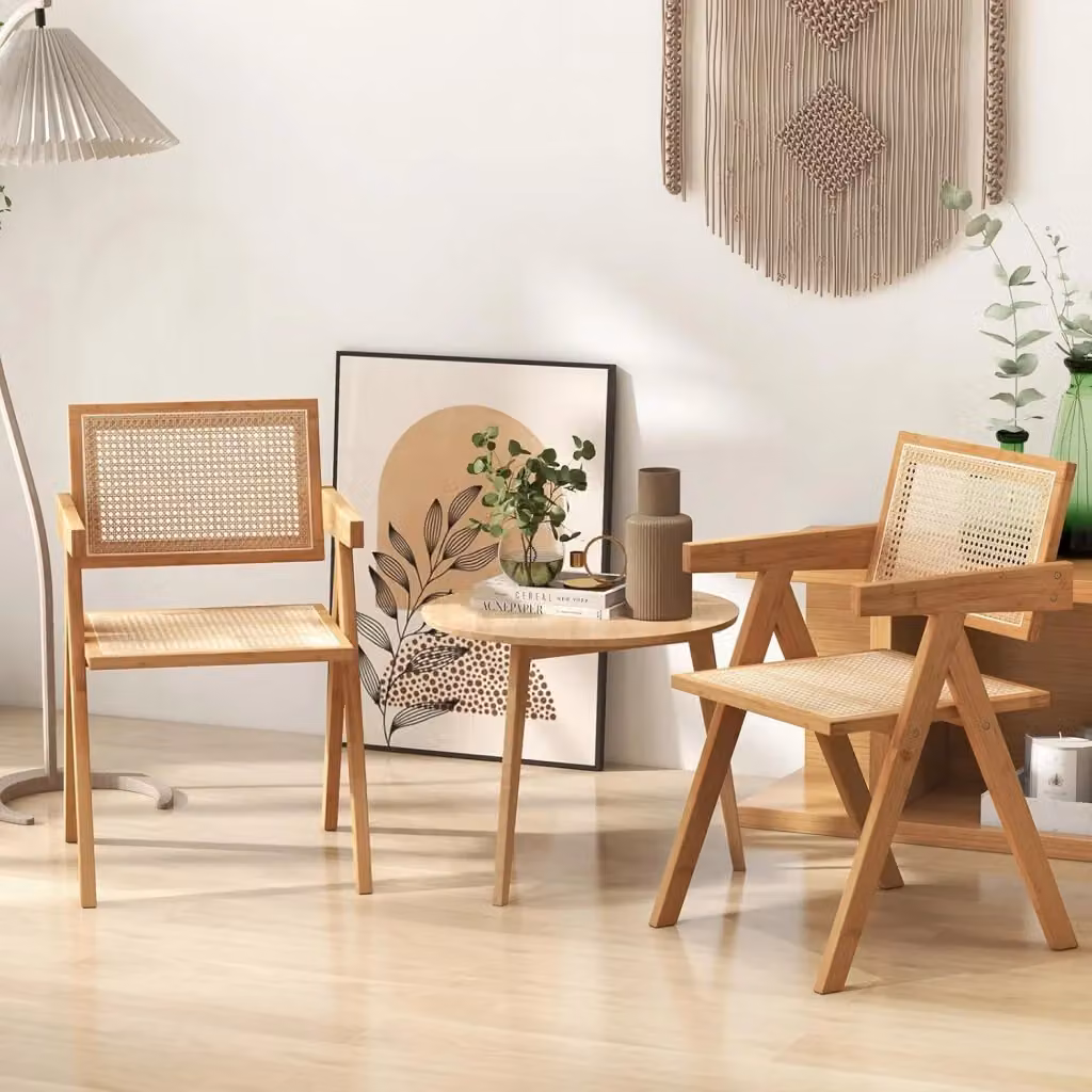 Set di 2 sedie in bambù e rattan marrone COSTWAY con braccioli e schienale ergonomico, L 50 x P 52 x H 81 cm – 2