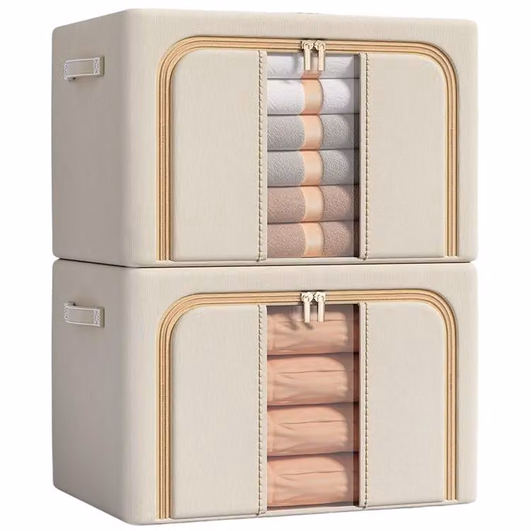 set di 2 scatole portaoggetti in tessuto Oxford, impermeabile, pieghevole, 100L, scomparti, per vestiti e guardaroba, con finestra di visualizzazione, beige