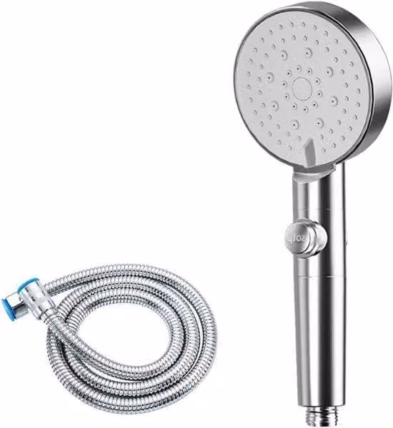 Soffione a risparmio idrico con booster regolabile e arresto con un solo pulsante - Alta pressione, universale (argento) con tubo flessibile