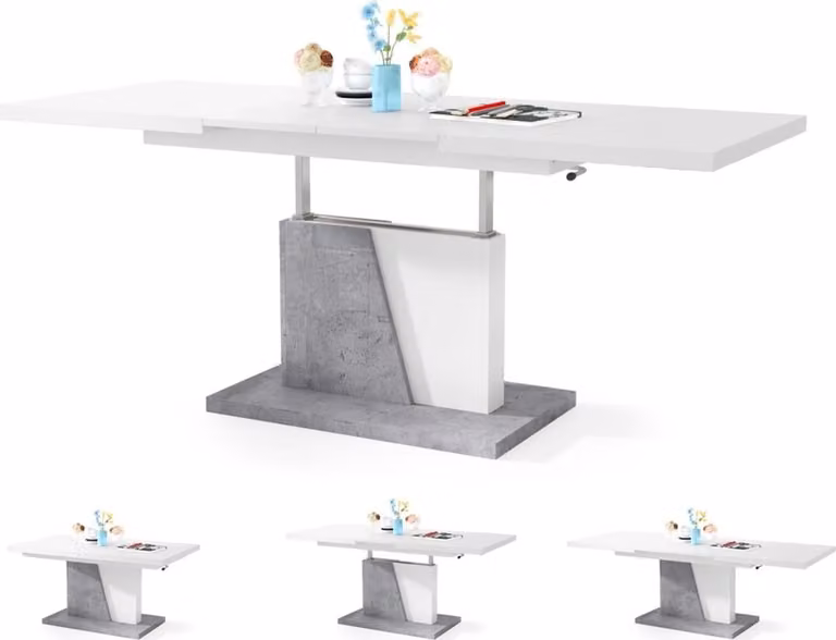 Tavolo da pranzo Grand, tavolo da pranzo, allungabile fino a 180 cm, regolabile in altezza, tavolo da cucina, Kitchen Table, 120x70 cm, 05, bianco + effetto cemento