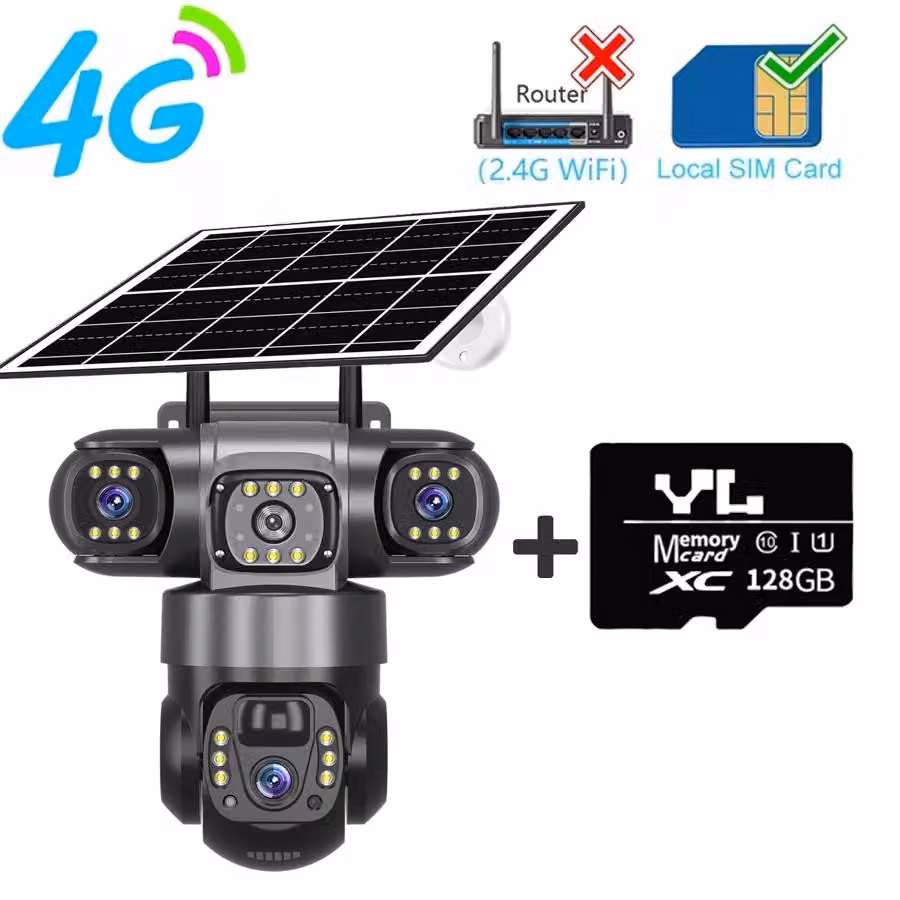 Telecamera di sorveglianza solare - Telecamera IP da esterno - 4G - Scheda TF da 128 GB - Obiettivo triplo da 15 MP - Resistente agli agenti atmosferici (IP66) - Visione notturna a colori