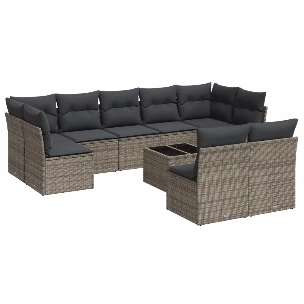 vidaXL Set Divano da Giardino 10 pz in Polyrattan Grigio con Cuscini e Tavolino da Caffè – 2