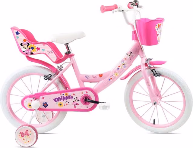 MINNIE 16, adatta ad età tra i 5 e i 7 anni, per altezza tra 105 e 135 cm, con cestino e portabambola