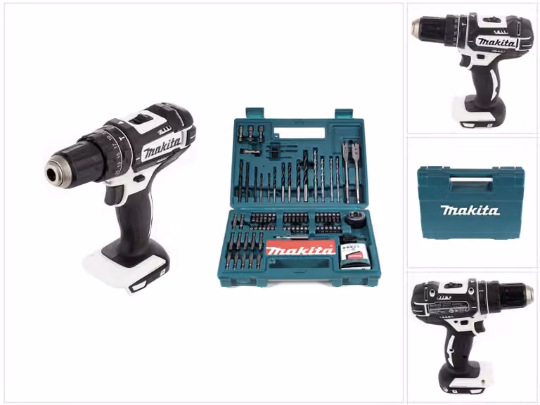 Makita DHP 482 Z W Trapano avvitatore a percussione a batteria bianco 18V + Set di 100 punte per trapano - senza batteria, senza caricabatterie