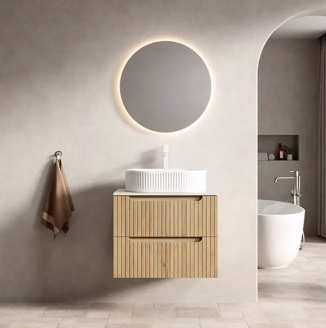 Mobile bagno con lavabo ovale in ceramica; 2 cassetti soft-close; piano in pietra sinterizzata