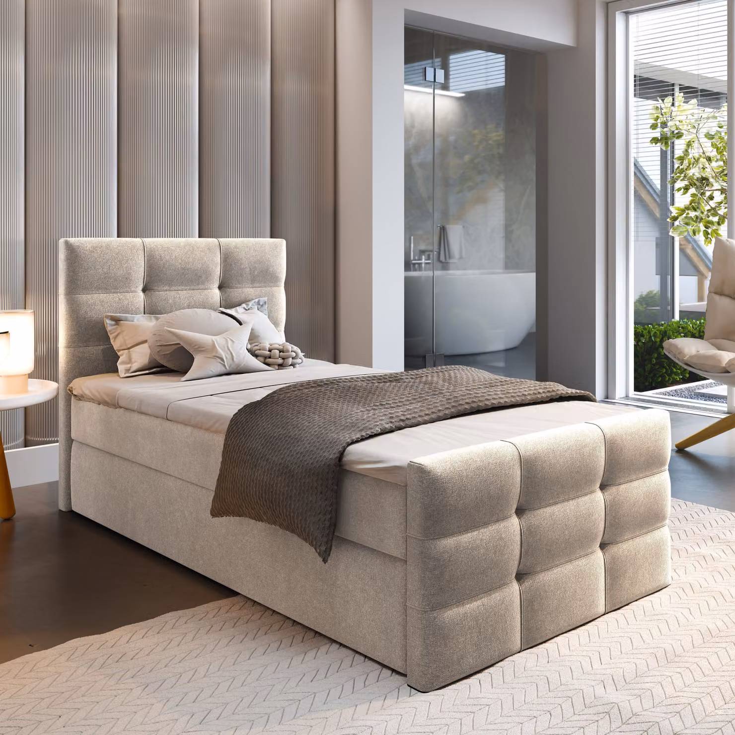 Letto a molle Masseno AMON 100 100x200 cm completo di materasso e topper Bonell, letto imbottito con cassettiera -Beige, COSMIC 10