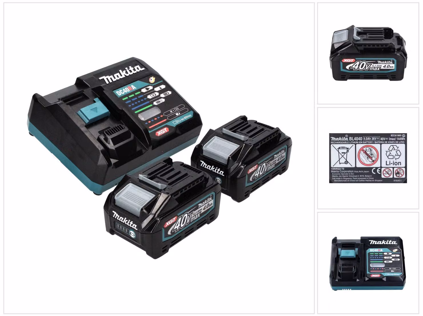 Kit di alimentazione Makita 40 V max. con 2x batteria BL 4040 4,0 Ah XGT ( 2x 191B26-6 ) + caricatore rapido DC 40 RA XGT LXT ( 191E07-8 )