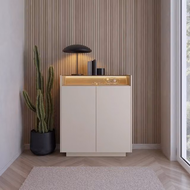 Madia Halane DMORA con 4 ripiani e illuminazione integrata, colore beige e rovere, L: 103 cm, P: 40 cm, H: 119 cm – 1