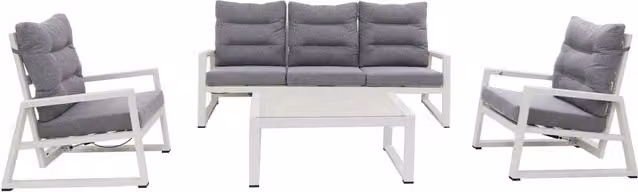 Set Salotto da Giardino Mikonos Plus GIORDANOSHOP con Divano 3 Posti, 2 Poltrone e Tavolino, Struttura in Alluminio e Cuscini Grigi
