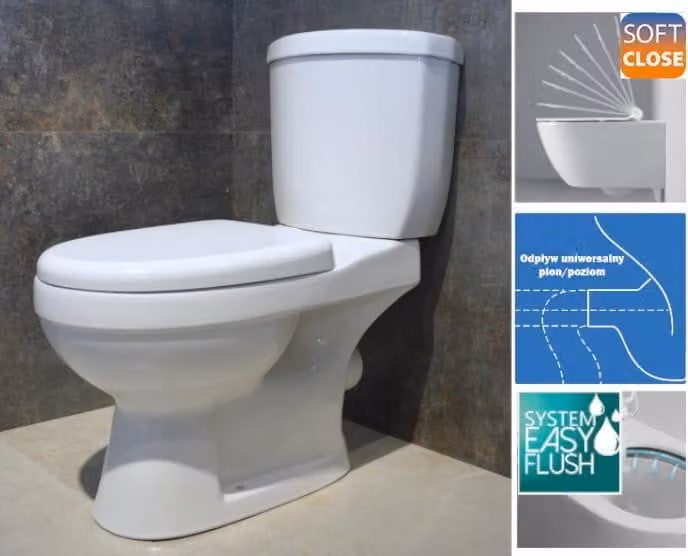 Domotechnika | WC compatto - 76,5 x 39 x 72 cm - Con sedile in Duroplast con chiusura ammortizzata - Bianco - Scarico Pion/orizzontale