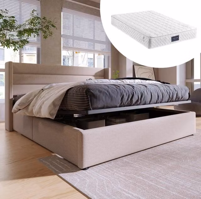 Letto imbottito con contenitore ad apertura idraulica 140x200 cm; lino beige