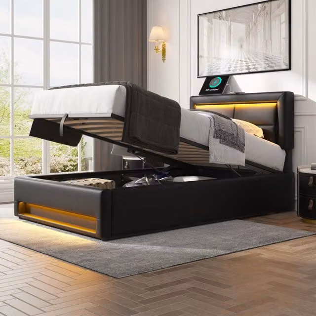 Letto singolo imbottito 90 × 200 cm con ricarica USB, ricarica wireless, LED e contenitore, senza materasso, PU nero