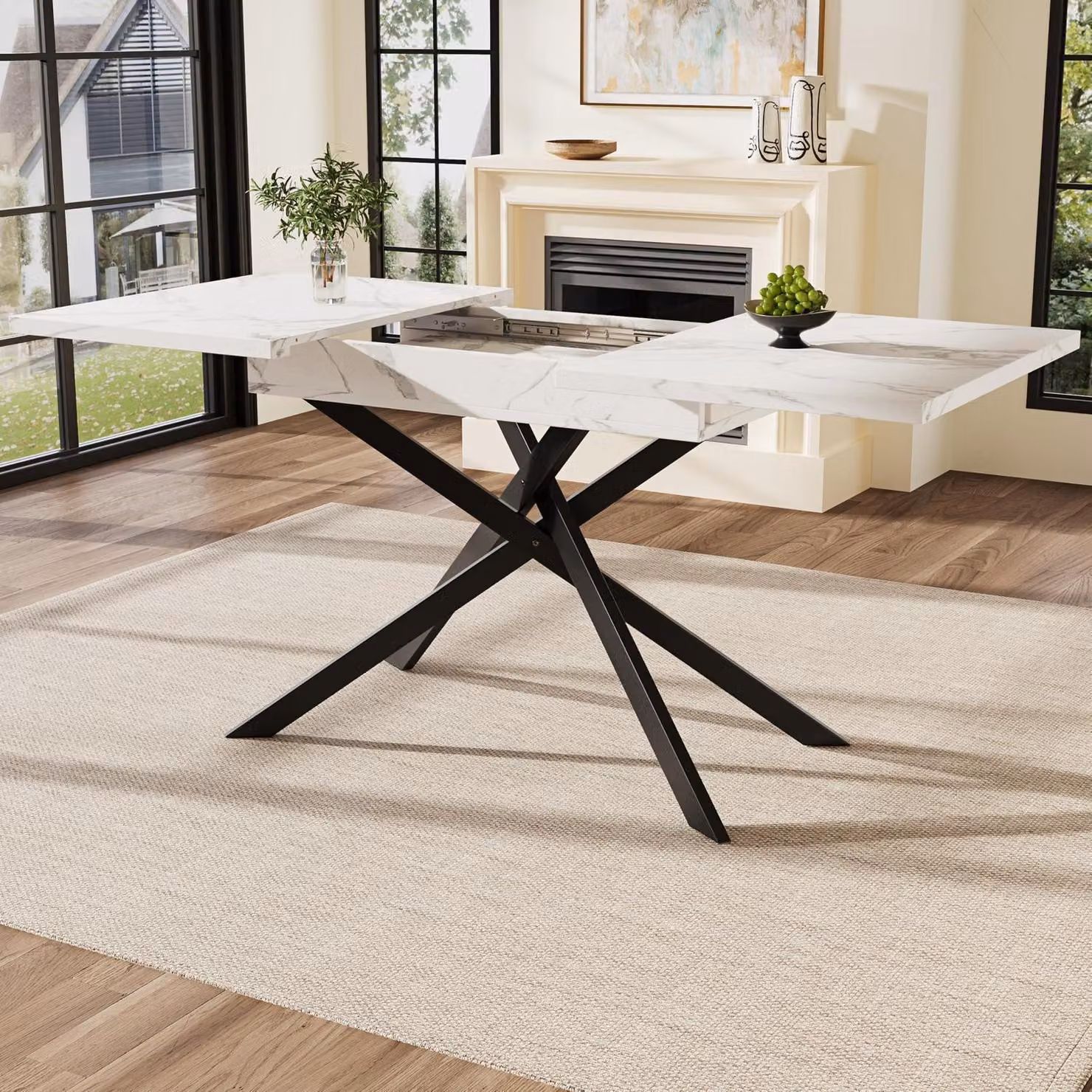 Tavolo da pranzo allungabile, forma rettangolare, dimensioni 120-160x80x76,5 cm, colore bianco, gambe in ferro incrociate