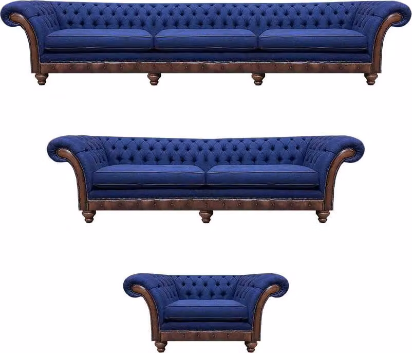 Designer Chesterfield Couchgarnitur Edler Blauer Dreisitzer Sessel 3tlg