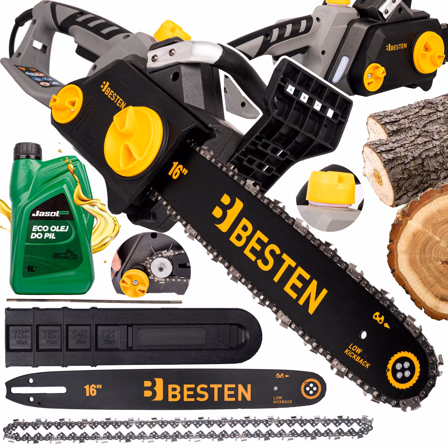 Motosega elettrica per legno BESTEN 2400W lubrificazione automatica, tensionamento della catena senza attrezzi, freno di sicurezza, lama da 40 cm