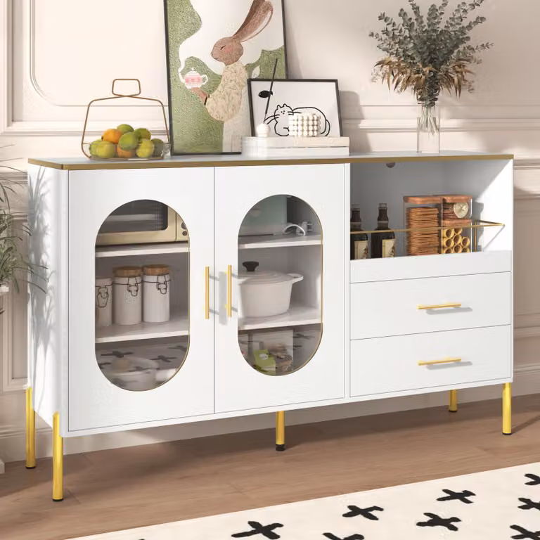 Credenza moderna in bianco con accenti dorati, 2 cassetti e 2 ante in vetro
