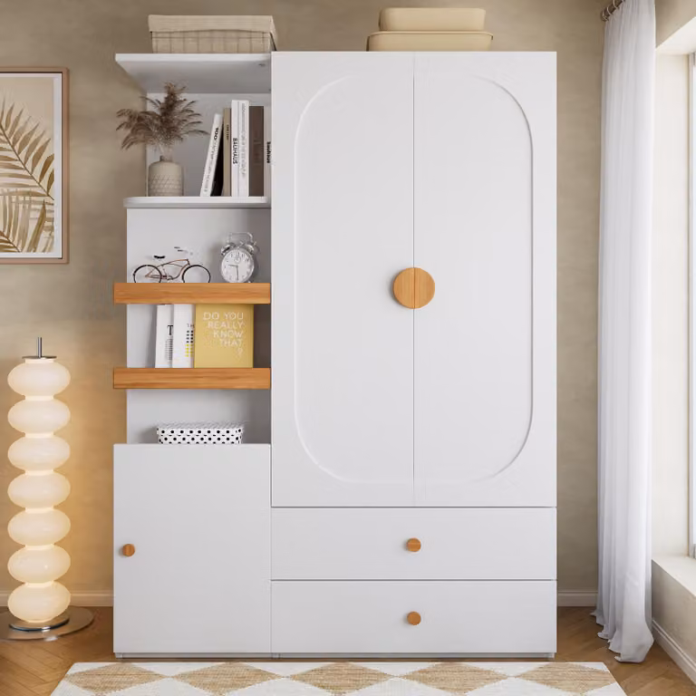 Armadio con asta appendiabiti, dimensioni 125x50x180 cm, con due cassetti, in bianco/effetto legno naturale, realizzato in MDF, ideale per camere da letto, camerette e ingressi