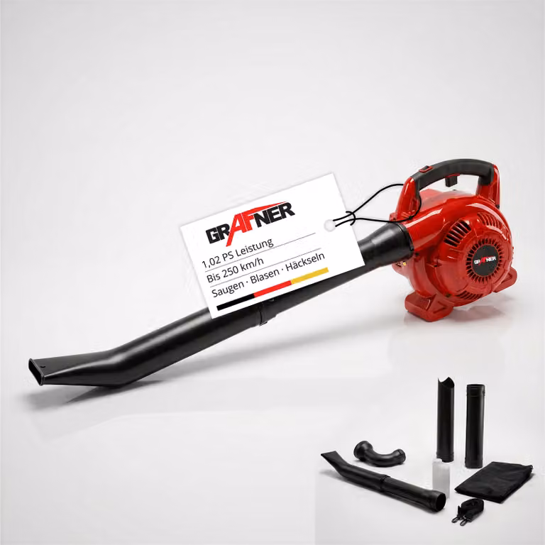 Aspiratore e soffiatore di foglie a benzina Grafner 3in1 con trituratore Sacco di raccolta da 35L Motore a 2 tempi da 0,75 kW 1,02 CV Trituratore di foglie