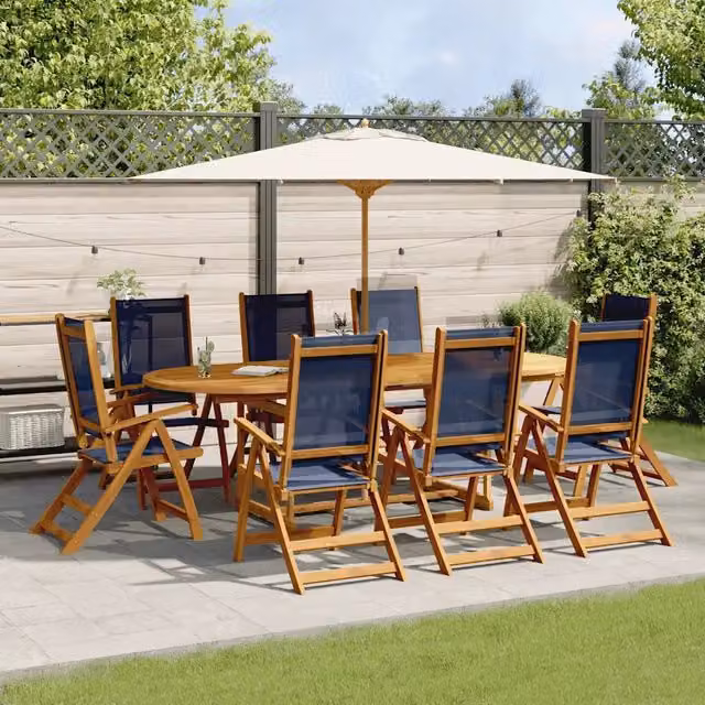 Set da pranzo da giardino vidaXL in legno di acacia oliato e textilene, 9 pezzi, marrone e blu