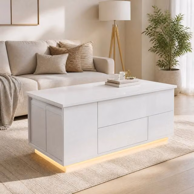 Tavolino da caffè elevabile 100x50x45 cm con LED; 2 cassetti e 2 sgabelli; bianco