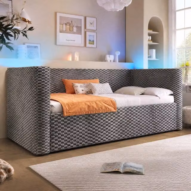 Letto da giorno in velluto grigio 90 x 200 cm con LED e vano idraulico