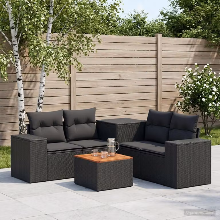 Set di divani da giardino vidaXL in rattan sintetico e metallo nero con cuscini inclusi e tavolino da esterno