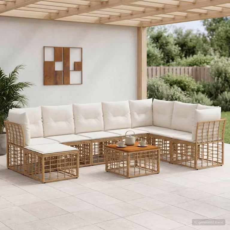 Maison Exclusive - Set da esterno per divano, 9 pezzi. Tessuto in poliestere, colore naturale e crema